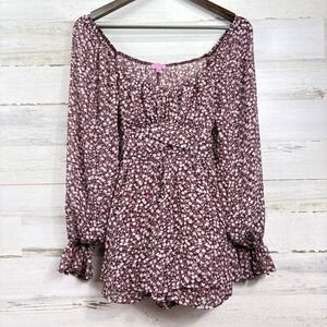 Mi Ami for Francesca's Burgundy Floral Long Sleeve Romper Small Boho Ditsy Fairy